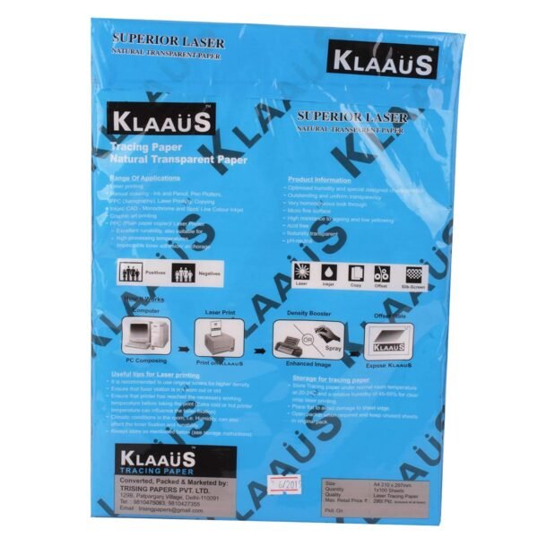 KLAAUS Tracing Paper 90-95gsm A4, 297 mm x 210 mm, 250 Sheets